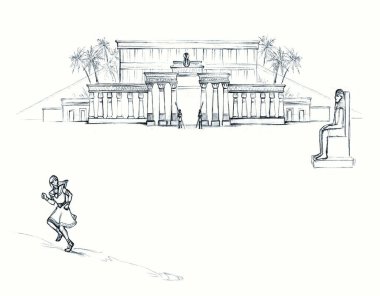 Lüks kumaşlı köle insan efendisi hızla şehir kapısına doğru gidiyor sıcak kum tepeciği yolu beyaz gökyüzü. Siyah çizgili eski çağ soylu Yahudi erkek inanç kralı cezalandırma hikayesi Tanrı 'ya dua et Doğu Arap sanat eskizi tarzı sahne 