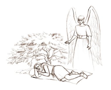 Geriye dönük yaşlılık Yahudi insan erkek yaşlılar, dinlenme yeri, ağaçlara susamış bitki çöl kumlarına susamış kara parçası. Doğu Arap kumaş el çizimi Lord Tanrı mucizesi kek kavanozu sürahisi içmeye yardım et Musa hikayesi eskizi 