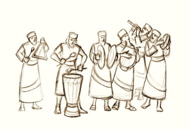 Eski bir orkestra çalıyor. Kalem çizimi