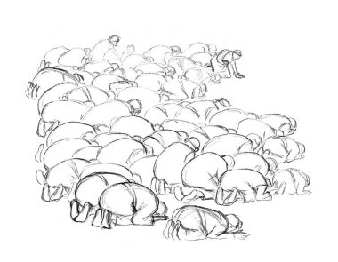 Kutsal BAE diz çökün Katar Arabistan erkek grubu kölesi Kral İsa 'ya yalvar beyaz toprak metin uzayı Kara çizgi el çizimi övgü dolu kız Kabe idolü eski İncil taslak sembolünü kutsa