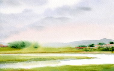 El çizimi sanat eseri, güneşli cennet sahnesi metin arkaplanı çizimi. Hafif sakin eski Avrupa seyahat tepe tepe bataklık dere koyu yeşil çimen çalı köknar bitki sis sis soyut manzara