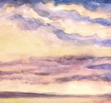 Hand drawn paint quiet calm beach shore fresh sun glare white light dawn heaven horizon view scene. Paper card text space retro sketch style design blue violet acryl color pond rain mount view picture