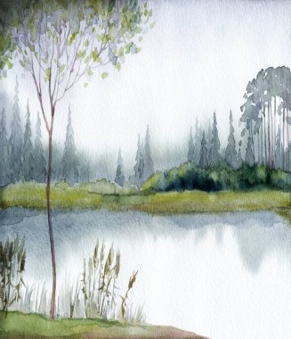 El çizimi açık renkli suluboya resim çizimi. Kağıt arkaplan arkaplan metni üzerine. Gri renk, sakin, kırsal çayır, sis dumanı, deniz manzarası. Çalılık bitkisi parkı. Haze White Creek Körfezi sahnesi