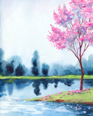 El yapımı, soyut Çinli ressam suluboya resim çizimi kâğıt metin arkaplanındaki bulanık sis sahnesi. El çizimi açık pembe renk kiraz ağacı sakin vadi kırsal manzaralı sanat eserleri