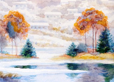 El çizimi sanat eseri serin yeni yıl sis bulutlu gün sahnesi. Açık beyaz kart arka plan eski tarz. Parlak renk eski çalı ormanı buz gibi soğuk sakin gölet göleti kıyısı manzarası