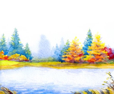 Canlı bir el çizimi akvaryum taze çimen güzellik sahnesi kağıt metin arkaplanı. Parlak kırmızı turuncu renkli boya çalılık sakin, serin hava günü. Manzaralı dere körfezi sahili kırsal arazi manzarası