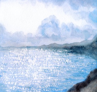 Elle çizilmiş akvaryum boyası sakin, serin, taze bahar ışıltısı gölet dağı ufku sahnesi. Kağıt kart metin alanı arka plan eski tarz tasarımı. Mavi renk yağmur, cennet, vahşi vadi, tatil manzarası.