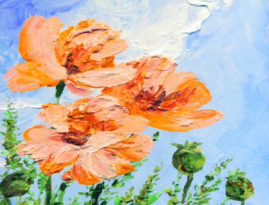 Parlak modern gouache pembe boya pastel eskiz desenli görünüm. Canlı turuncu renkli el, akrilik botanik tomurcuk kök otu çizmiş. Retro yaratıcı beyaz kağıt branda fırça tebrik kartı tarzı taze mavi gökyüzü sahnesi