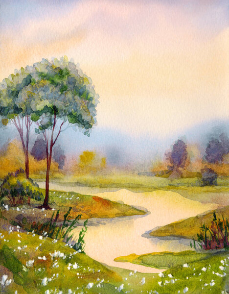 Ручной работы ярко-розовый акварельный рисунок рисунок тихий горизонт оврага тумана вид сцены на бумажном фоне пространство для текста. Ручной рисунок светло-желтого цвета дождливый закат неба над спокойной дикой долине парка