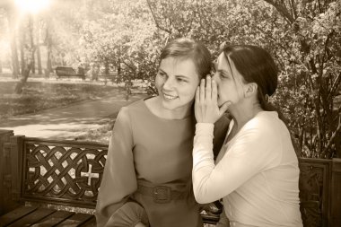 İki güzel yetişkin bayan, yaz kenti şehir merkezindeki ağaçlık alanda yalan söylüyor. Gençlik ilişkisi yalancısı. Bak, neşeli neşe şoku. Gülümse.