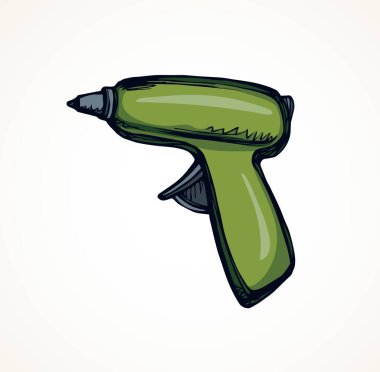 Kolu ev yapı iş motor nesne metin için Beyaz ahşap yer açın. Parlak yeşil renkli çizilmiş emek modern sanat karikatür tarzı içinde plastik kordon delik makinesi logo piktogram işareti yükleyin. Closeup görünümü