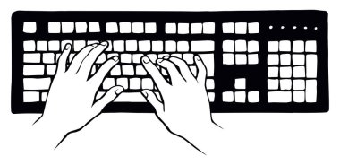 LCD Macbook tuş takımı beyaz masa arkaplanında. Siyah çizgi çizilmiş netbook. Sosyal Veri Anahtarı simgesi çizimi modern sanat karalama tarzında metin için ped boşluğunda. Üst görünümün üzerindeki avuç içi baskısını kapat