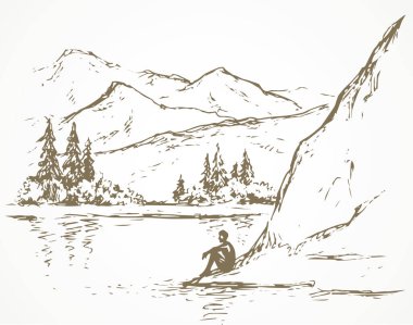 Cliff sakin uzak Alpler sahnesi yüksek nehir kıyısında. Çizgi siyah mürekkep eli, uzayda üzgün yalnız bir genç kızı beyaz gökyüzünde yazı yazmak için çekti. Vahşi Alp kıyısı göleti barış manzaralı sanat eseri karalama stili.