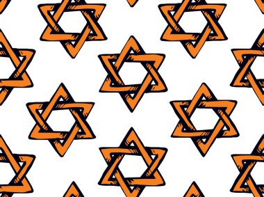 Eski Yahudi Musevi Hanuka Şekli mirası arka planı. Tanrı Torah Chanukah Yahudi Günü logosu amblemi. Parlak turuncu renkli el zion etnik Hannukah eskizini beyaz düşkün beyaz karikatür tarzında çizdi.