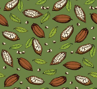 Büyük yeşil teobroma yaprakları koyu yeşil mertebeye sabitlenmiş. Parlak renkli el çizimi menü ambalaj kağıdına resim çizimi şeklinde simge simgesi tasarımı çizimi. Yakın görünüm