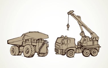 Büyük yüksek güç taşıyıcı metal mesafe Oluklu damper beyaz gökyüzü arka plan üzerinde. Serbest çizim siyah mürekkep el çekilmiş forklift yapı Asansör site çekici logo işareti simgesi modern doodle sanat karikatür tarzı kalem kağıt üzerinde