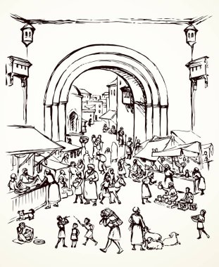 Şark İncille din miras satıcıları kadınlar sahne görünümü. Antika fes kemer kapı kale beyaz arka plan üzerinde bina. Kara El Suudi rabat bazar çeyrek resim sketch vektör sanat grafik stili