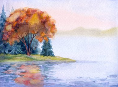 Parlak el yeni sis bulutu dumanı dumanı sahne alacakaranlığı kağıt metin alanı çizim arkaplanı. Kırmızı turuncu boya çam ağacı çam ağacı tepesi sakin hava günü bataklık kıyısı manzarası