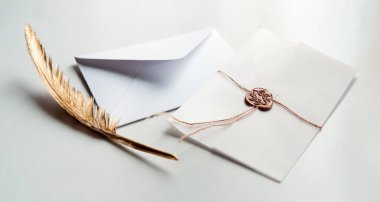 Close up top macro view classic age secret royal gift ink tool art style closed sign craft sent delivery Light gold beig wax string tie tag parcel pack table desk text space rustic artist effect decor