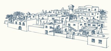 Geçmişe dönük Yahudi İncili taş şehir kapısı kırsal Ksar yolu doğa ağacı manzaralı. El çizimi sanat Suudi Arabistan tarzı İran açık hava Yahudi beyazı hatta gökyüzü İslami Irak sokak seyahat sembolü