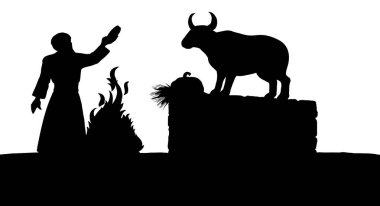 Orta Doğu 'daki büyük etnik Mısır altın çağında Yahudi günah beyaz kral ritüel boynuzu çiftliği erkek sığır ağası tapınağı simgesi. Çizgi siyah kalemle çizilmiş resim eskizi kutsal Musa hukuku hikayesi sanat stili