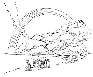 Vektör çizimi. Nuh, Tanrı 'ya kurban sunuyor.