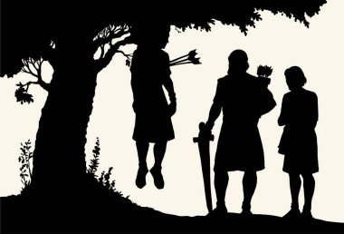 Vektör çizimi. Absalom saçını bir ağaç dalına kaptırdı.