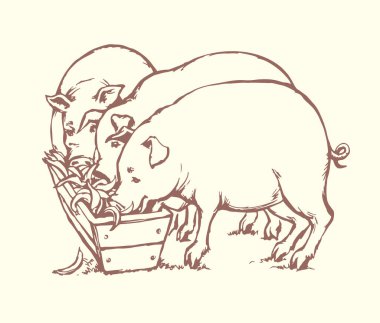 Koca göbekli, pis burunlu yaşlı erkek domuz ahırı kasabı fikri beyaz bahçedeki çamuru ortaya çıkardı. Esmer çizgili siyah çizgili el retro sanat küçük şişman göbekli dişi domuz ağızlık.