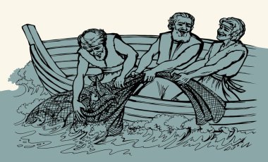 Vektör çizimi. Teknede üç adam var.