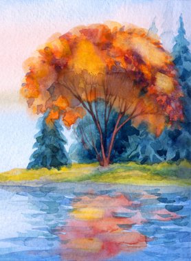 Parlak el yeni sis bulutu dumanı dumanı sahne alacakaranlığı kağıt metin alanı çizim arkaplanı. Kırmızı turuncu boya çam ağacı çam ağacı tepesi sakin hava günü bataklık kıyısı manzarası