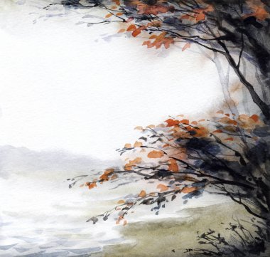 El çizimi parlak kırmızı resim sessiz bulut olay yeri çizimi kağıt perde arkası metin alanı. Hafif kırsal sisli bataklık bataklık bataklık dere körfezi kaya kıyısı yaşlı ağaç bahçesi yaprağı sakin alacakaranlık manzarası