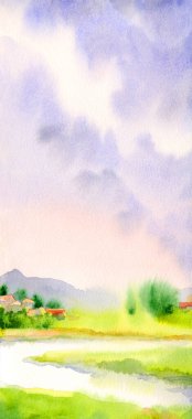 El çizimi sanat eseri, güneşli cennet sahnesi metin arkaplanı çizimi. Hafif sakin eski Avrupa seyahat tepe tepe bataklık dere koyu yeşil çimen çalı köknar bitki sis sis soyut manzara