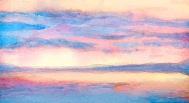 Hand drawn paint quiet calm beach shore fresh sun glare white light dawn heaven horizon view scene. Paper card text space retro sketch style design blue violet acryl color pond rain mount view picture