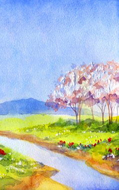 Suluboya manzara. Sessiz gölün üzerinde çiçek açan meyve ağaçları 