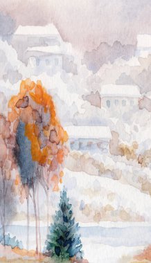 El çizimi sanat eseri serin yeni yıl sis bulutlu gün sahnesi. Açık beyaz kart arka plan eski tarz. Parlak renk eski çalı ormanı buz gibi soğuk sakin gölet göleti kıyısı manzarası