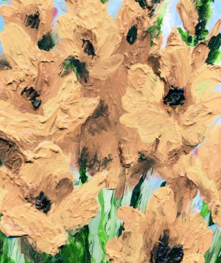 Kırsal retro malva sanat eseri manzarası. Canlı el çizimi akrilik boya yetişen bitkiler. Modern kanva kart tasarımı tarzı. Parlak turuncu renkli taze zambak tomurcuklanmış bitkisel tarla sahnesi