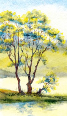 Parlak el çizimi suluboya ressamı temiz hava batımı sahnesi çiziyor. Kağıt arkaplan metin alanı. Açık yeşil renkli boya sanat eseri çalılık vadi çimenliği sakin bir günde dere kıyısı manzarası