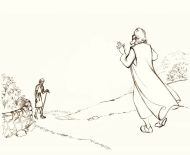 Asian sad lost sin Jewish male guy see crisis worker stick trip rural land way. Old poor torn robe cloth sin jew cry look Israel God Jesus Christ happy joy faith retro hand drawn east Arab sketch art