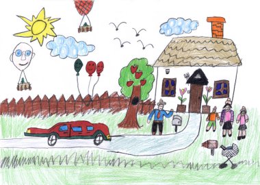 Neşelen, sevimli, küçük insan gülüşü anne ayakta oyuncak oyunu beyaz gökyüzü oynuyor. Renkli kalem boyası eğlence sanatçısı stili anne çimlerin keyfini çıkar park parkı çitlerin çatısı güneş ışığı şehrin eski okul rüyası