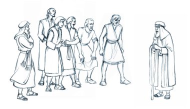 Yetişkin yaştaki Müslüman ağabeyi beyaz gökyüzü görüşüne tapıyor. Eli çizilmiş üzgün yahudi arkadaş etnik adamın vaaz verdiğini görüyor musun? Dua et, gerilim olayı, geçmişe dönük sanat eskizi.