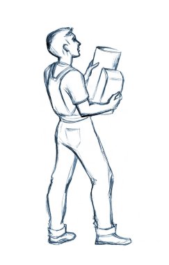 Erkek insan yapısı yeni boru lambası üfleme düzeyi plastik set beyaz boya vinil duvar metin alanı verir. Kapalı çekim diy beceri işgücü yenilenmiş çizim eskiz çizilmiş karikatür sanat tasarımı