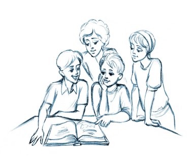 Cute happy joy smile guy baby son sit care rest relax room home. Black pencil line hand drawn man parent fun teen speak class table desk look open old retro faith tale story cartoon art wisdom symbol