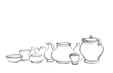 Yakın çekim İncil grubu bir sürü boş kırsal şarap şişesi bardak seti. Kırsal toprak yiyeceği, çamur sütü kavanozu, el işi, İncil 'de geçen sanatçının yetenek sembolü, hatıra ürünü.