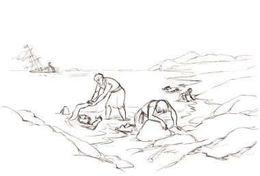 Yaşlı bir çok kayıp Yahudi erkek taş gibi kum yatıyordu Romalı yelkenli kız nehir gölü sıçrama işareti beyaz gökyüzü Retro canlı insan denizci yüzücü Tanrı 'ya dua et yaşam için kutsal kitap çizimleri çizimlerine yardım et