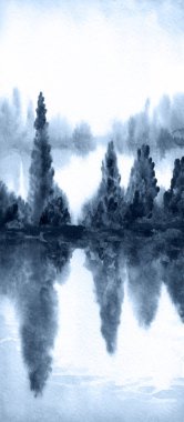 El çizimi suluboya resim çizimi kağıt metin alanı. Kırsal sakin çalı çalısı, çalı tarlası, dere yatağı, sel, yağmur manzarası. Serin bahar sisli sonbahar kumsal eski sanat eserleri sahnesi