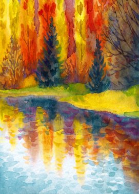 Canlı bir el çizimi akvaryum taze çimen güzellik sahnesi kağıt metin arkaplanı. Parlak kırmızı turuncu renkli boya çalılık sakin, serin hava günü. Manzaralı dere körfezi sahili kırsal arazi manzarası