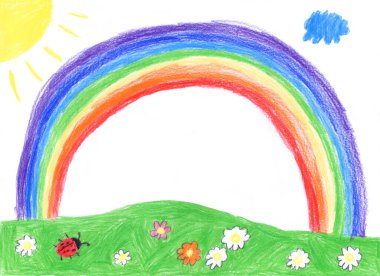 Vahşi tezahürat çok renkli tebeşir çizgisi bahar yağmuru küçük papatya çiçeği yeşil çiftlik çimenliği beyaz kağıt basit pastel kalem boya küçük eğlence sanatçısı tasarımı tebrik kartı dekoru resmi