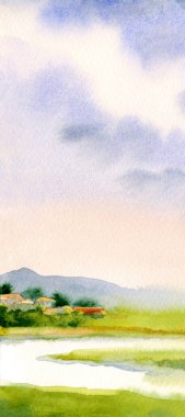 El çizimi sanat eseri, güneşli cennet sahnesi metin arkaplanı çizimi. Hafif sakin eski Avrupa seyahat tepe tepe bataklık dere koyu yeşil çimen çalı köknar bitki sis sis soyut manzara