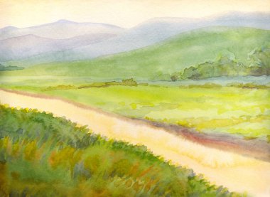 Bright hand drawn fresh haze mist fog mount cloud scene paper text space artwork sketch backdrop. Yellow color paint forest plant green wheat grass road path way calm weather sun day scenic brook view