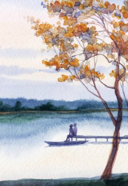 Hand draw artist beach shore wooden bridge boat guy dad husband son mother wife scene sketch. Cute happy joy relax human calm rest 2 rural male kid hug field bush wood land plant fog mist view picture